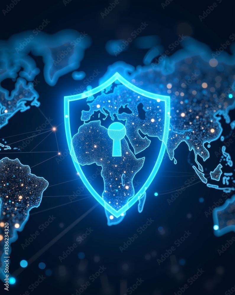 Poster a shield protecting a global network, representing cybersecurity and data protection