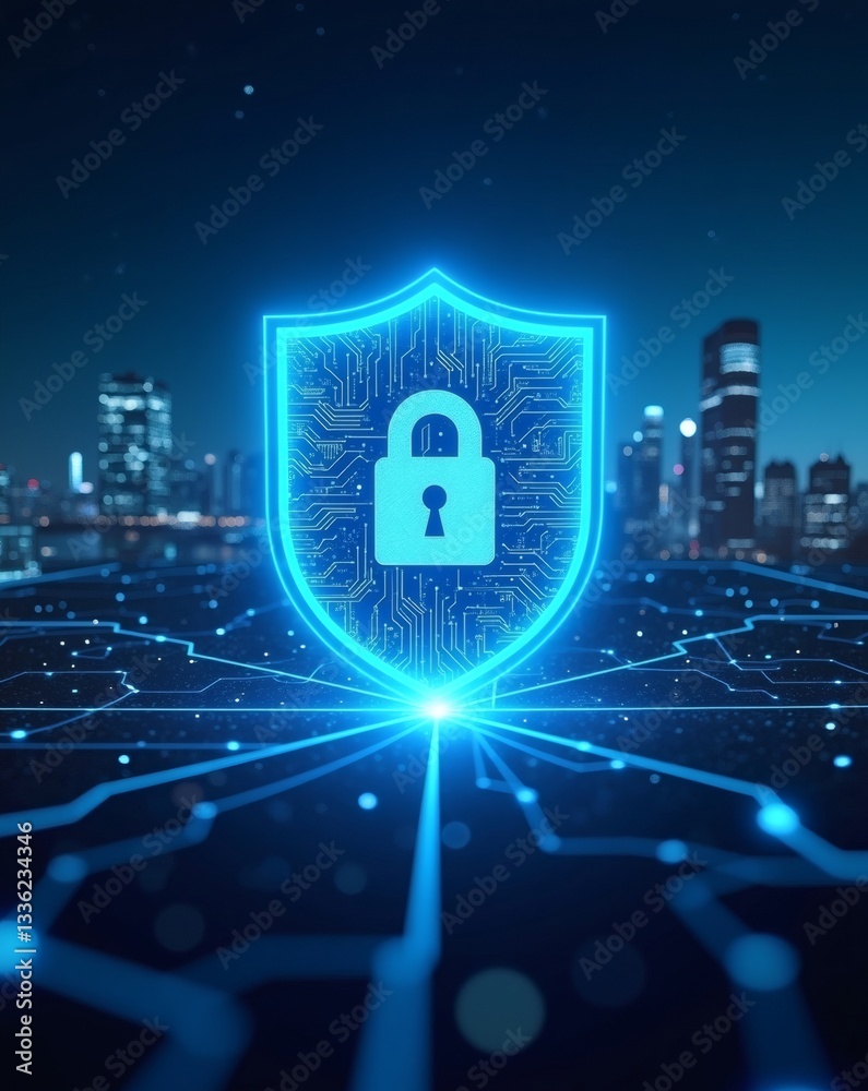 Poster a digital security shield protects data in a city background, symbolising network protection and cyb