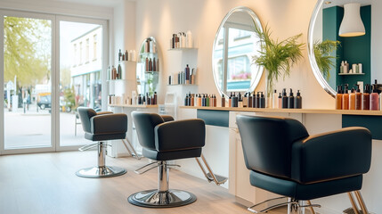 Three salon chairs in front of three mirrors on the wall