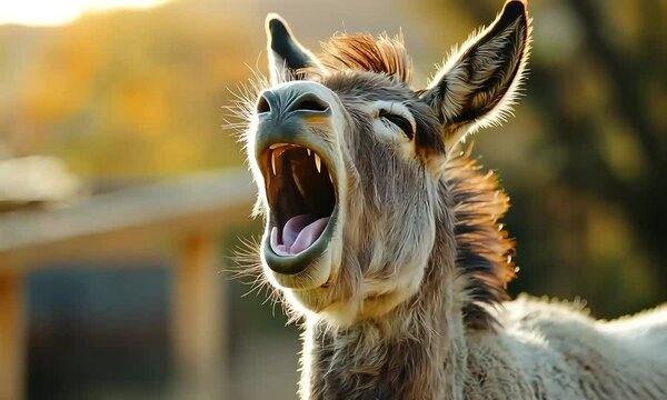 Donkey braying loudly in the afternoon