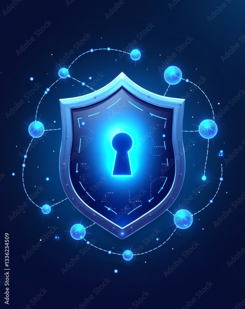 Poster a digital shield with a keyhole in the center, surrounded by a network of connected dots, symbolizing protection and security. The image is rendered in shades of blue.