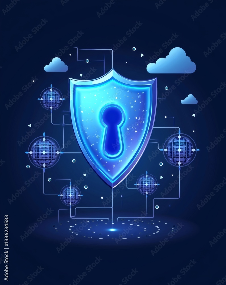Poster a glowing digital shield representing cybersecurity and data protection against cyber threats. The shield has a keyhole in the center, and is connected to network nodes by lines
