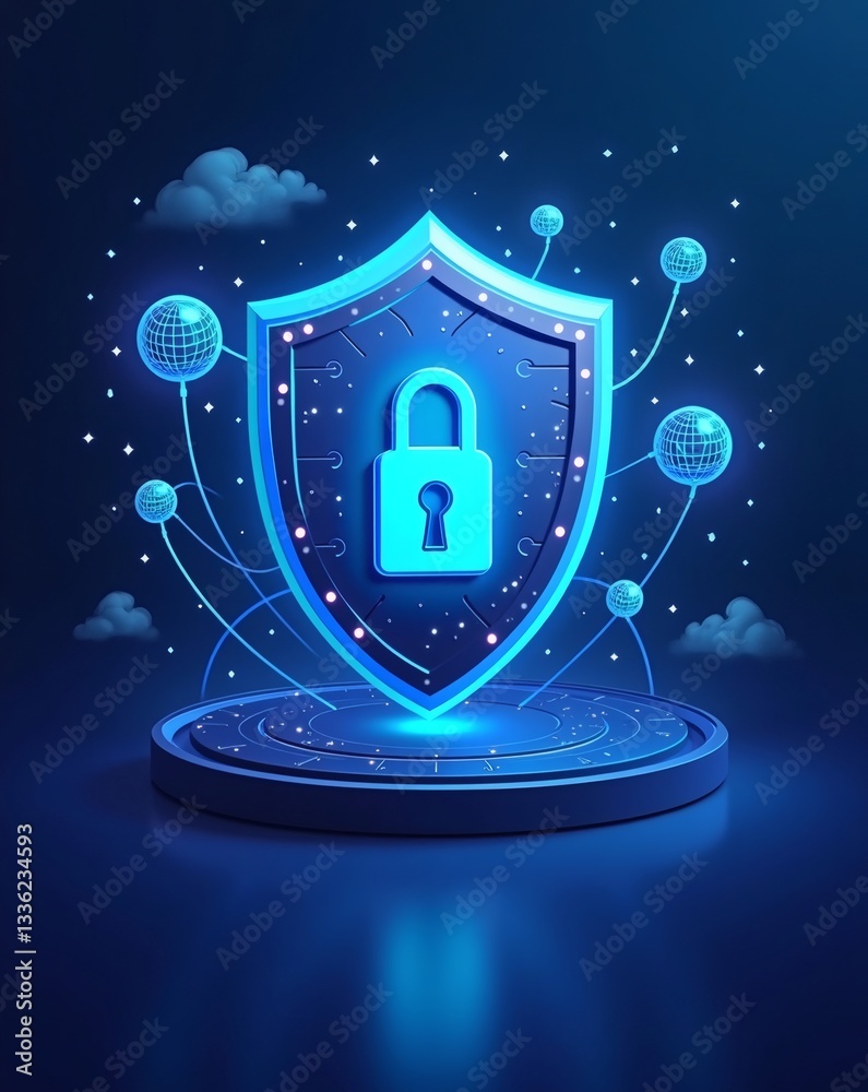 Poster an illuminated digital shield with a lock, representing data protection and cybersecurity