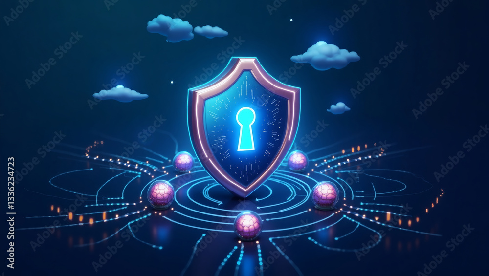 Poster a digital shield with a glowing keyhole surrounded by a network, symbolizing cybersecurity and prote