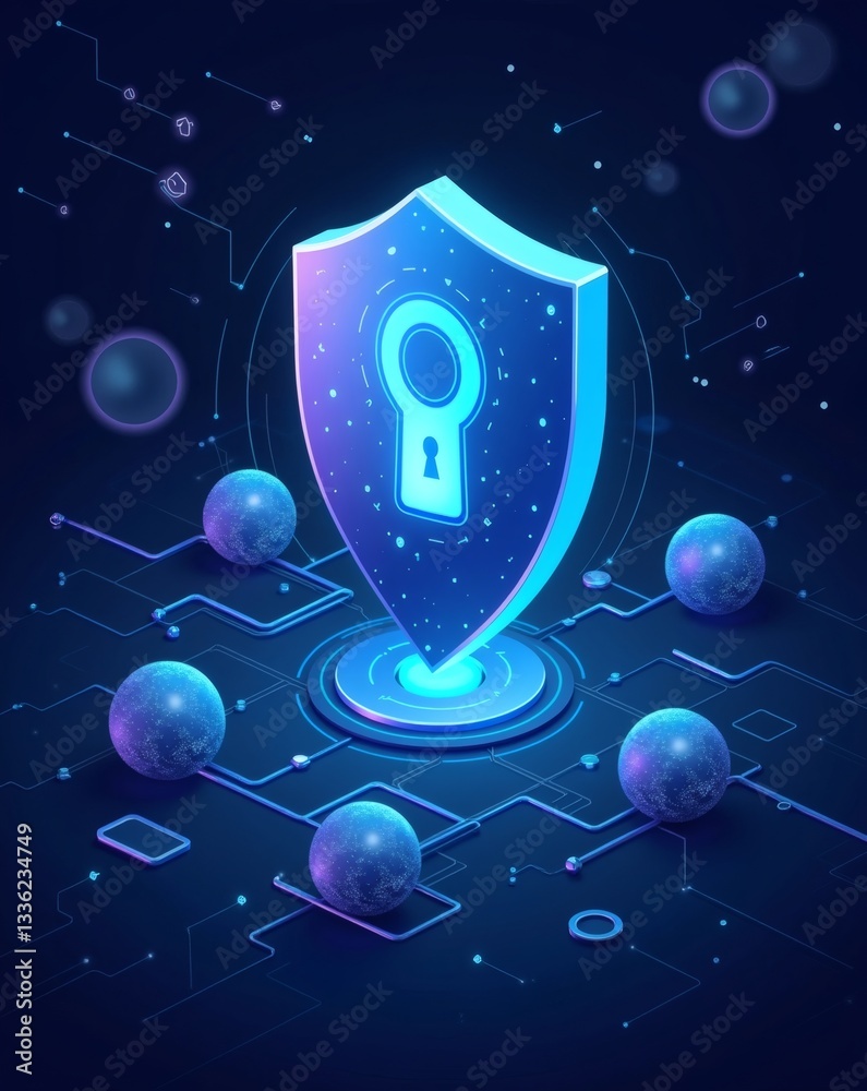 Poster a digital shield with a keyhole icon represents cyber security