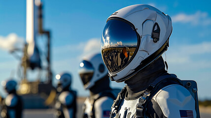 A group of astronauts standing in front of a rocket