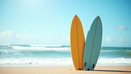 two surfboards leaning on the sand at beach with sunny day and ocean wave in background. The scene evokes a sense of summer and adventure
