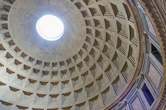 Pantheon. Light shining through oculus on dome interior. Rome. Italy. Horizontally. 