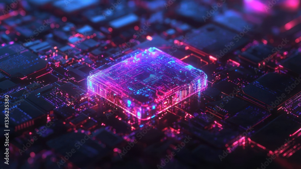 Poster Close up of illuminated computer processor on circuit board