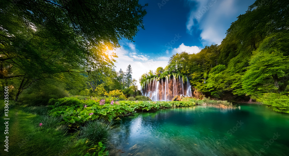 Poster a vibrant landscape showcases a cascading waterfall flowing into a turquoise lake, embraced by verda