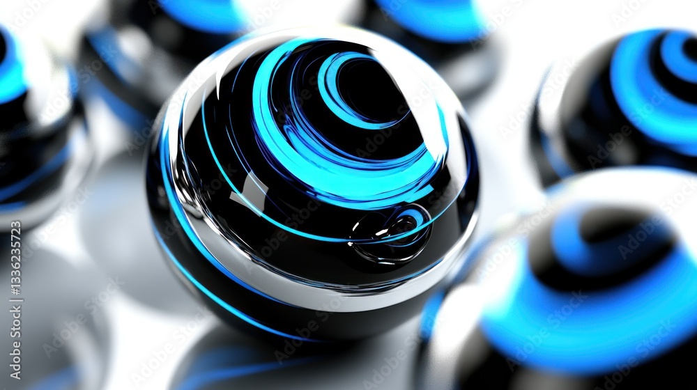 Poster abstract spheres with spiraling blue lines and reflections on surfaces