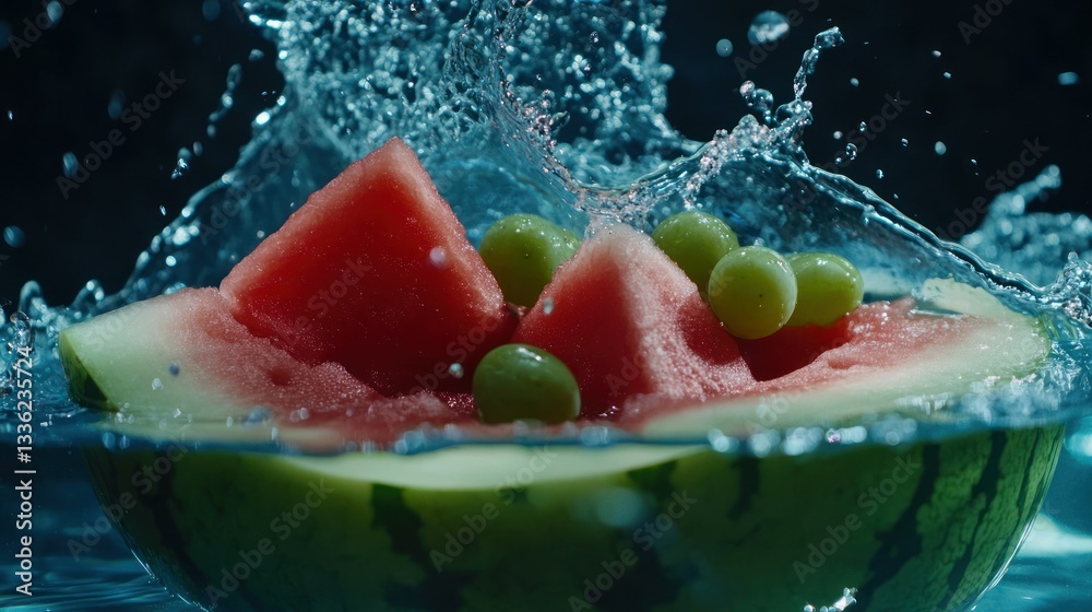 Poster Watermelon and green grapes submerged in water creating a splash