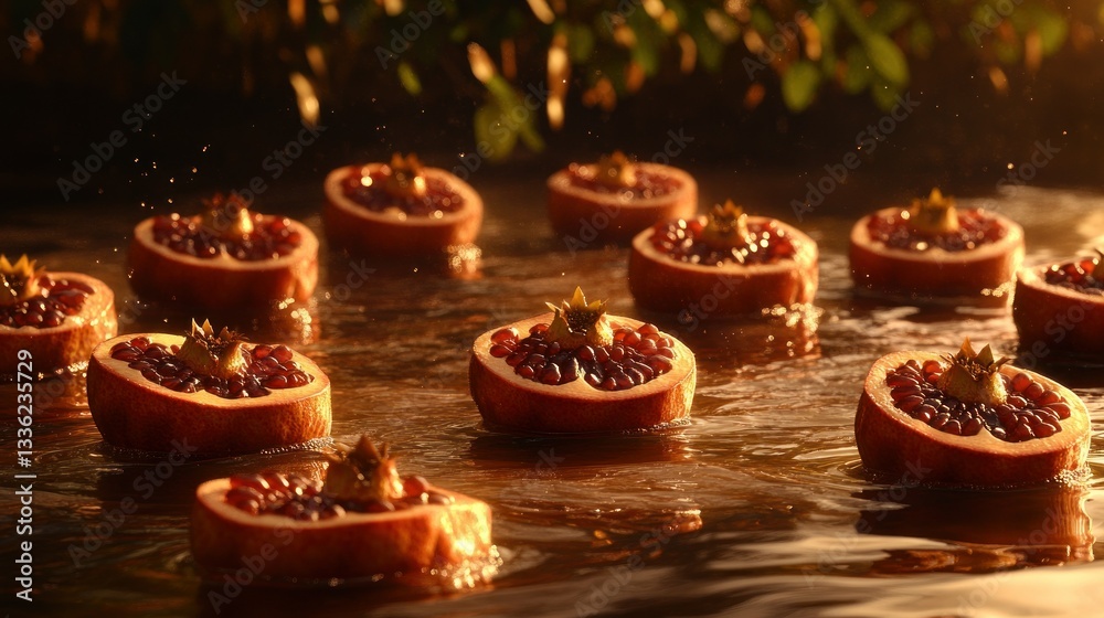 Poster sliced pomegranates floating peacefully in tranquil water with light