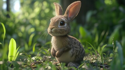 A cute brown rabbit sits among green grass and plants
