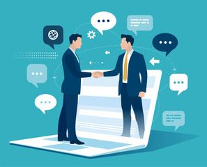 Cooperation. Agreement concluded over the internet. Business people shaking hands online through laptop monitor. Business concepts of vector illustration