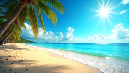 Fototapeta premium a tropical paradise with a sandy beach, palm trees, and clear blue water under the sun. The scene evokes a sense of relaxation and vacation