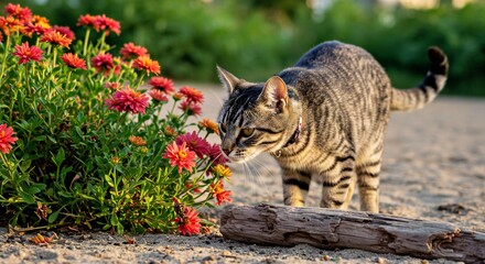 Photograph an Arabian Mau Cat in a Curious Exploration Posture, Investigating a Natural Element in an Outdoor Setting_
