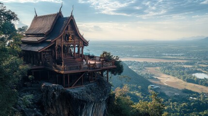 Fototapeta premium The mystical atmosphere of Wat Phu Tok, a wooden temple built along the cliffs, overlooking the vast Isan plains