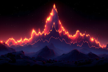 Fiery mountain peak dominates a dark, silhouetted landscape under a starry night sky.  Intense flames engulf the mountain's edges