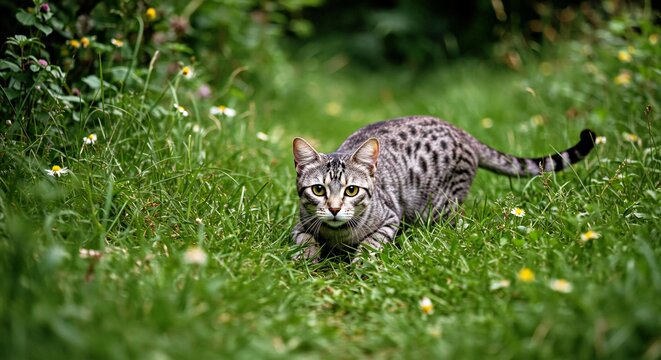 Photograph an Arabian Mau Cat in a Hunting Stance, Intently Focused on Potential Prey in a Natural, Overgrown Environment_