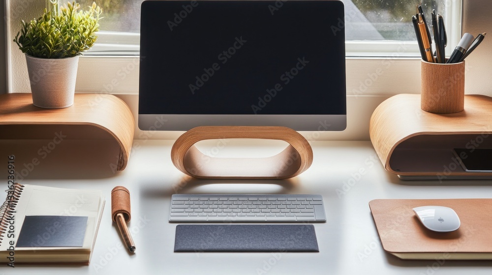 Poster modern minimalistic computer desk setup with all its accessories nearby