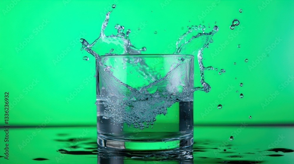 Poster water exploding from a glass against a vibrant green background
