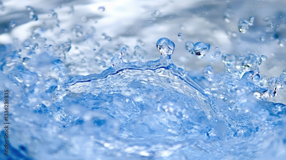 Poster close up of water splashing with droplets and ripples in focus