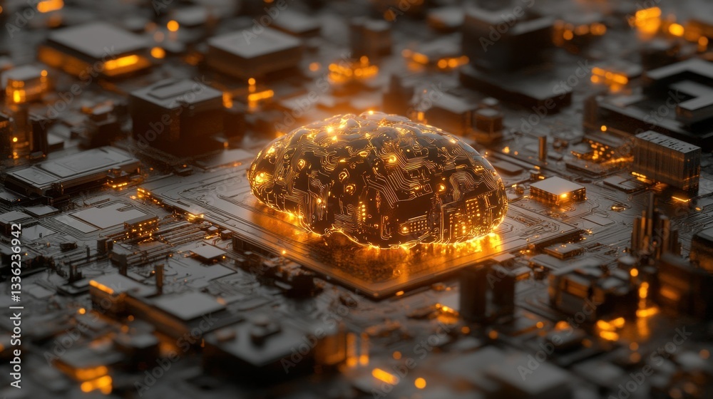 Poster Electronic circuit board with a glowing brain shaped component