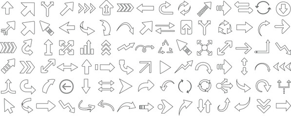 Arrow icons vector set, black outline, various directions, curved, straight, dashed, bold, thin, looped arrows, navigation, pointer, infographic, minimal editable isolated arrow set