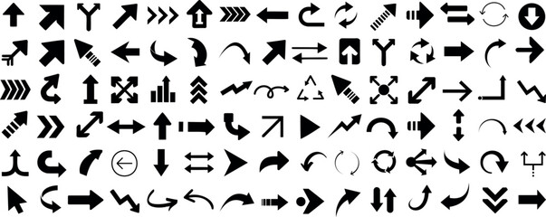 flat arrow icons set. Directional arrows, curved, straight, circular, and zigzag symbols. Navigation, movement, rotation, looping, and pointing elements. Vector black arrows for UI, infographic