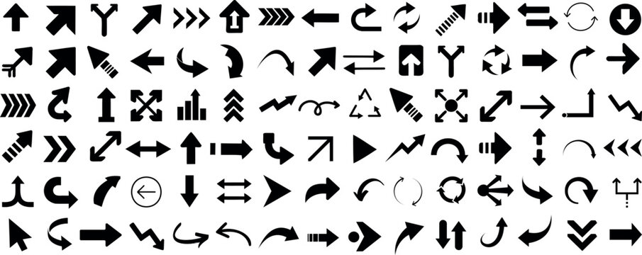 flat arrow icons set. Directional arrows, curved, straight, circular, and zigzag symbols. Navigation, movement, rotation, looping, and pointing elements. Vector black arrows for UI, infographic