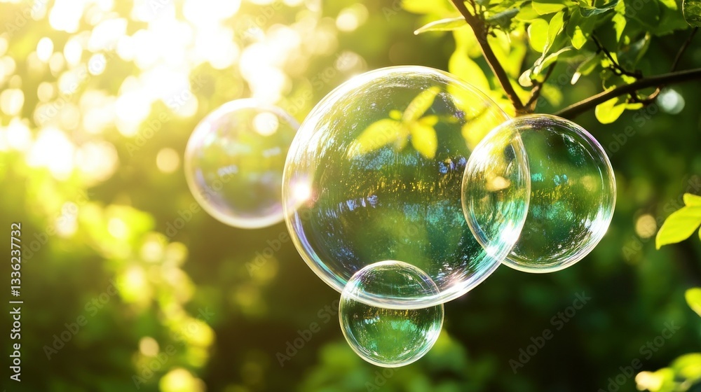 Poster several transparent bubbles floating in front of vibrant green foliage
