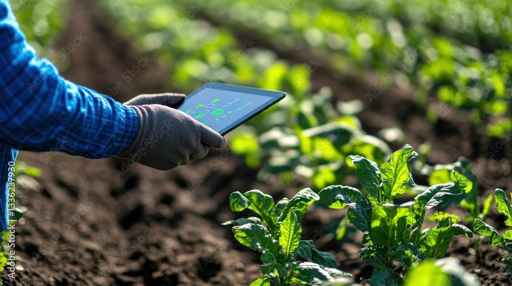 Poster a farmer examines crops in a field using a tablet device
