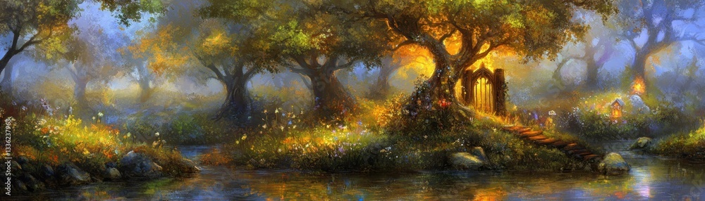 Poster a beautiful fairytale forest scene with a shimmering gate pathway
