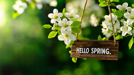 A wooden sign that says hello hello spring hanging from a tree branch with white flowers
