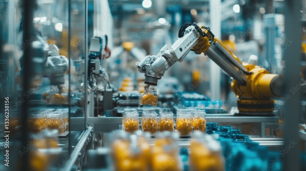 Poster Automated robotic arm placing filled jars in a production line