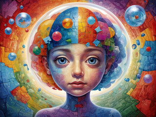 child’s mind, depicted as a puzzle of vibrant colors, symbolizes autism—uniqueness, complexity, and infinite potential within a world of diverse perspectives and understanding