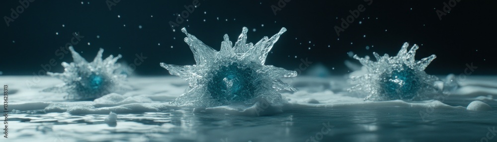 Poster Three formations of splashy icy objects on a frosted surface