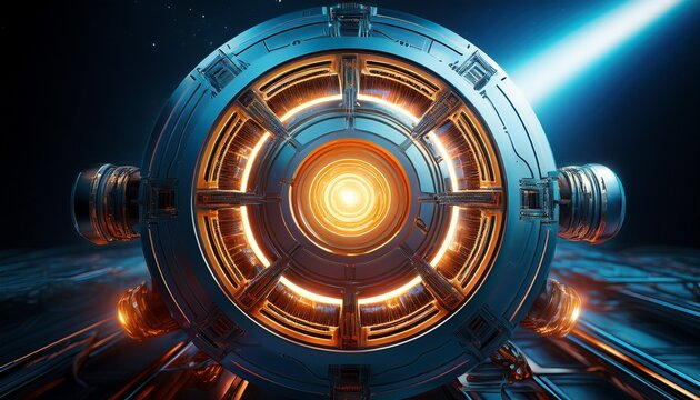 A glowing power core embedded into a spacecraft's exterior, pulsating faintly.