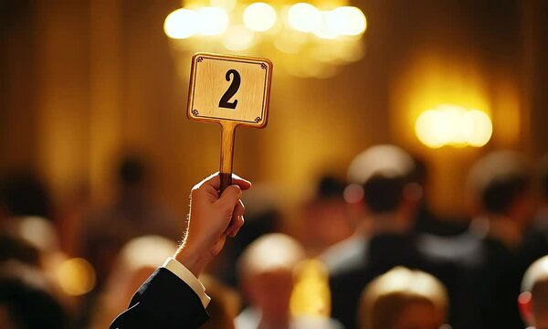 Auctioneer Raising Number Two Paddle in Ballroom