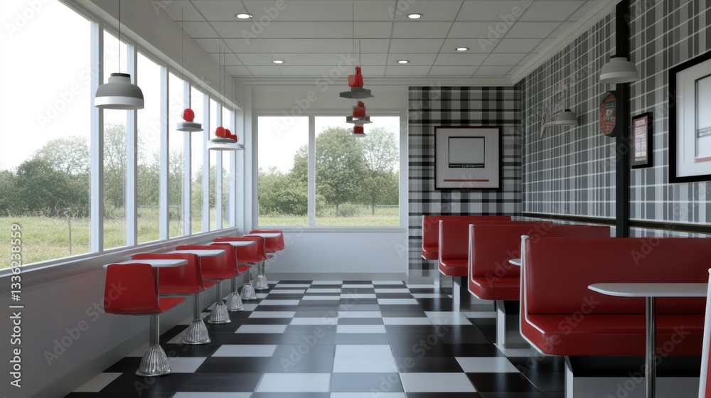 Aufkleber a retro diner interior with red seating and checkered floor pattern