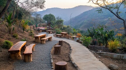 Naklejka premium A scenic walking path in an eco-tourism park, surrounded by native plants and wooden benches made from recycled materials.