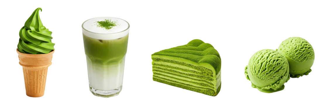 Matcha set, green tea, coffee, dessert, cake, pie, ice cream scoop PNG, cut out isolated set on transparent backround, graphic resource for ad, advertisement, healthy, ceremonial, vegan herb latte
