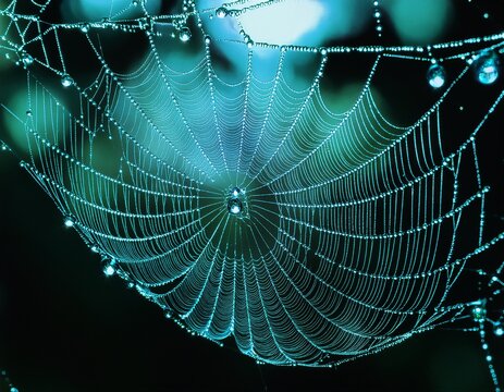A glowing spider web shimmering in the dark with bioluminescent dew drops. - Powered by Adobe