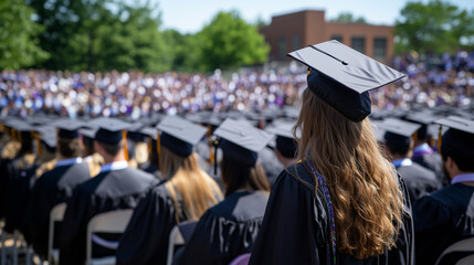 A sea of graduates standing together in an outdoor ceremony, viewed from the back, their caps neatly aligned as they await their turn to receive diplomas.