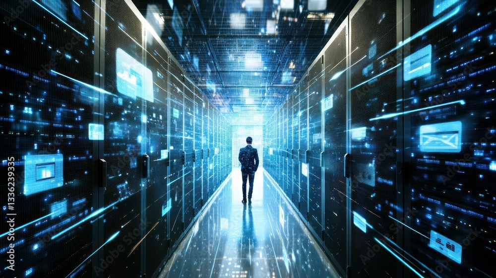 Poster a man walks through a server room surrounded by data