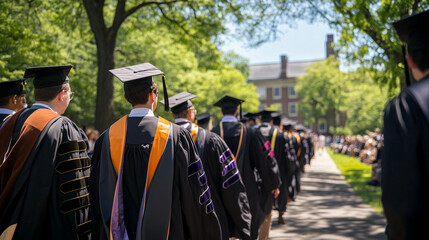 A university graduation scene where a line of students in caps and gowns, viewed from the back, walk in unison toward the commencement podium.