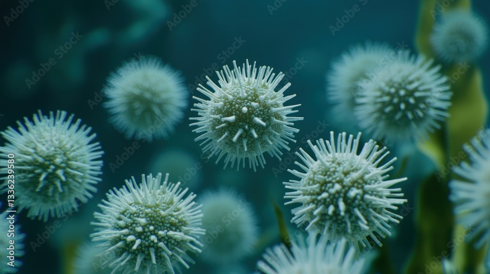 Poster microscopic imagery displays several spiky ball shaped cellular structures