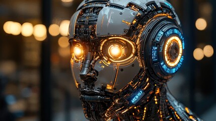 Fototapeta premium Close-up of a robotic head with glowing eyes and intricate mechanical details.