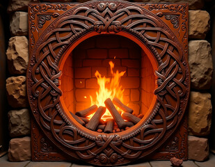 Embossed leather ornament featuring intricate Celtic knotwork, casting shadows in the warm glow of a flickering hearth fire.